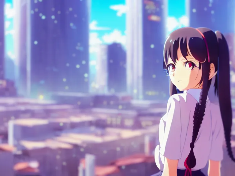 Image similar to anime fine details portrait of joyful school girl in front of cyberpunk moder city landscape on the background deep bokeh, close-up view, anime masterpiece by Studio Ghibli. 8k, sharp high quality anime, artstation