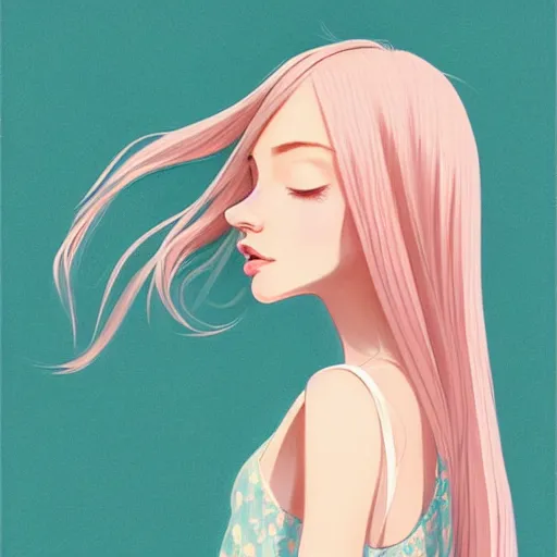 Image similar to happy adult female in sundress, summer dress, pastel light pink very long hair, muted colors, matte print, pastel colors, ornate, digital art, digital painting, fan art, elegant, artstation, head is centered, by Ilya Kuvshinov