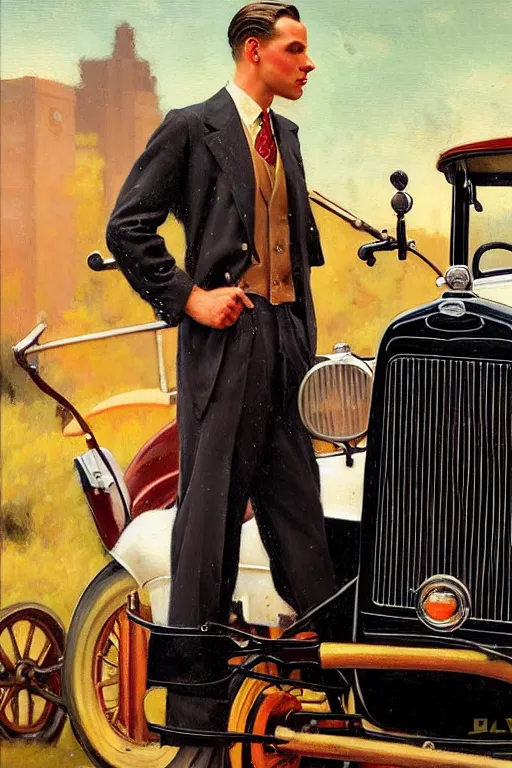 Image similar to attractive man standing in a 1 9 3 0 s suit near a ford model t, glossy oil painting by gaston bussiere, craig mullins, j. c. leyendecker, tom of finland