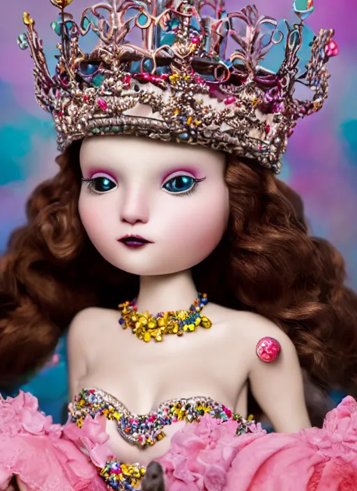 Prompt: closeup face profile portrait of a tin toy fairytale goth princess wearing a crown eating cakes, bikini, depth of field, zeiss lens, detailed, symmetrical, centered, fashion photoshoot, by nicoletta ceccoli, mark ryden, lostfish, breathtaking, 8 k resolution, extremely detailed, beautiful, establishing shot, artistic, hyperrealistic, octane render