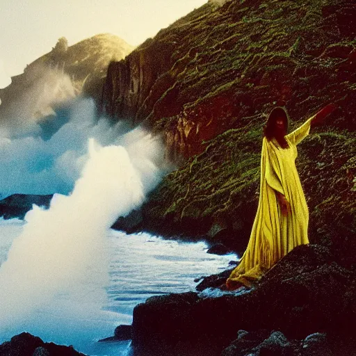 Image similar to 1 9 7 0's artistic spaghetti western movie in color, a woman in a giant billowy wide flowing waving dress made out of white smoke, standing inside a green mossy irish rocky scenic landscape, crashing waves and sea foam, volumetric lighting, backlit, moody, atmospheric