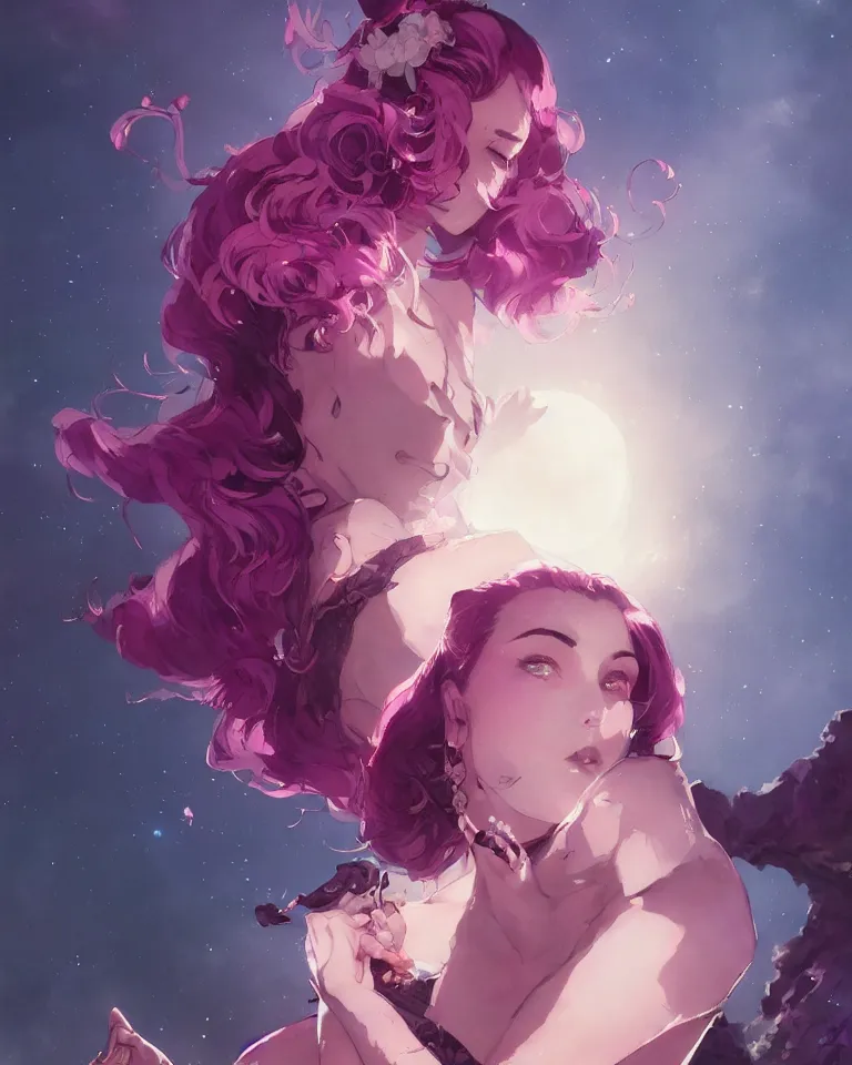 Image similar to A beautiful woman basking in the moonlight, with medium length magenta hair covering an eye, tall tree, large obsidian chunks, cinematic lighting, dramatic atmosphere, by Dustin Nguyen, Akihiko Yoshida, Greg Tocchini, Greg Rutkowski, Cliff Chiang, 4k resolution, trending on artstation