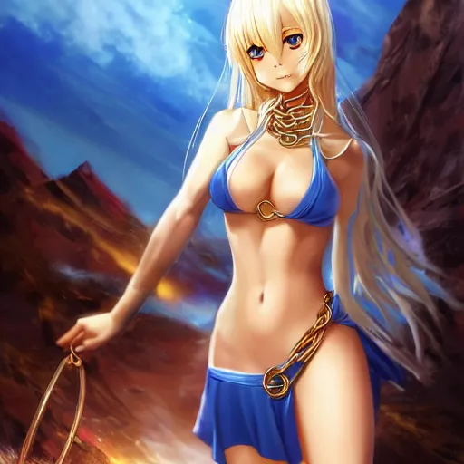 Image similar to full body shot : a very beautiful young blond anime girl imprisoned by golden chains, sky blue eyes,, tattoo, bikini, miniskirt, highly detailed, cinematic wallpaper by stanley artgerm lau
