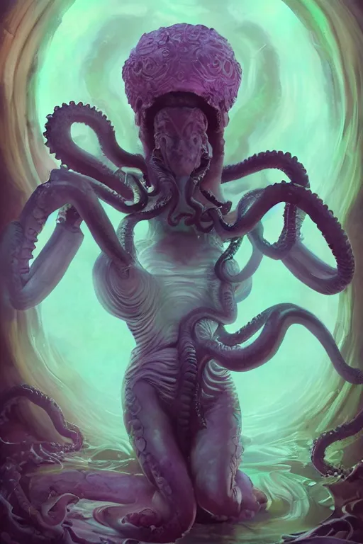 Image similar to digital portrait of an eloquent alien kraken queen, straight on, full body character concept art, concept art, by artgerm, tom bagshaw, gerald brom, vaporwave colors, lo fi colors, vaporwave, lo fi, 4 k, hd, rendered with substance designer, small details,