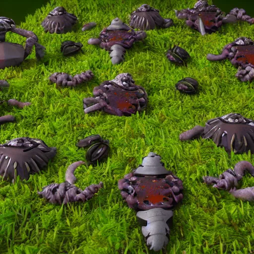 Prompt: voidless of the festival!, The Graveyard, large group of crabs and worms, crawling along a bed of moss, low poly, creeper world, handcrafted, artstation, hyperrealistic, hard light, best practices, creeptastic, photorealism, macro perspective, cuddly