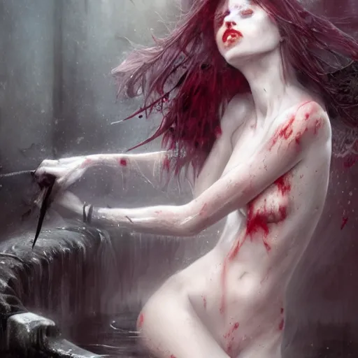 Image similar to photography of beautiful female vampire bathing a bathtub of blood, concept art by greg rutkowski and luis royo, dark and eloquent environment, highly detailed portrait, digital painting, artstation, concept art, smooth, sharp focus illustration, artstation hd