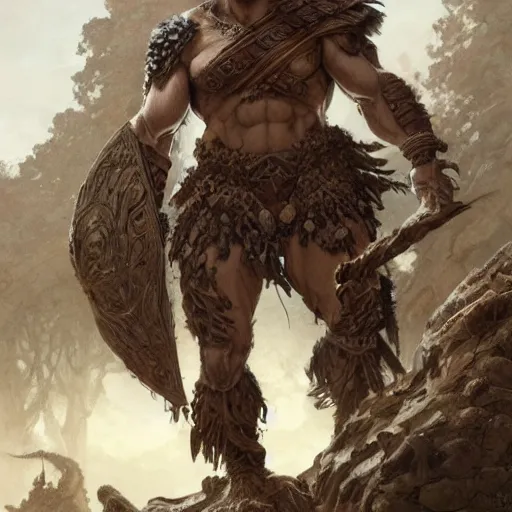 Image similar to muscular ogre - like fierce warrior with tree - bark skin wearing intricate stone and wood armor, towering above a group of soldiers, battlefield, highly detailed, digital painting, artstation, concept art, smooth, sharp focus, illustration, art by artgerm and greg rutkowski and alphonse mucha