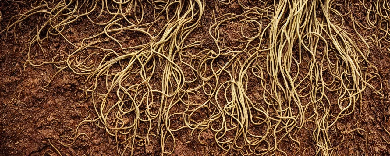 Image similar to roots made of spaghetti, growing from the dirt, kodachrome, in the style of wes anderson, retro