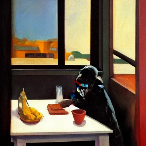 Prompt: Black Goldendoodle with a bright face and a puppy sitting at a diner drinking a cup of coffee, looking melancholy, edward hopper