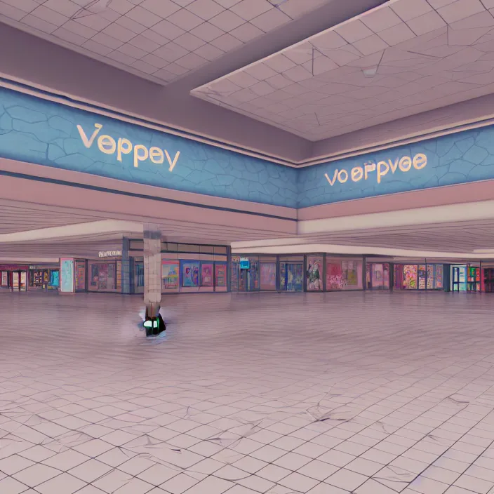 Image similar to vaporwave 7 0 s dreamy empty empty shopping mall, highly detailed, 3 d render, vray, octane, realistic lighting, photorealistic