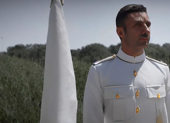 Image similar to proud man wearing a white tunic uniform, tab collars, no medals, no epaulette, his arms are behind his back, ultra realistic, 4 k, movie still, uhd, sharp, detailed, cinematic, render, modern