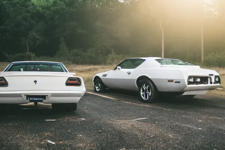 Image similar to pontiac firebird with white paint, cat inside car, sunrise, eerie light, fireflies, dog watching the car, dramatic, cinematic, forest, horror, sunbeams, volumetric lighting, wide shot, low angle, lightning storm hitting the car, ground cracking open to reveal a portal to hell