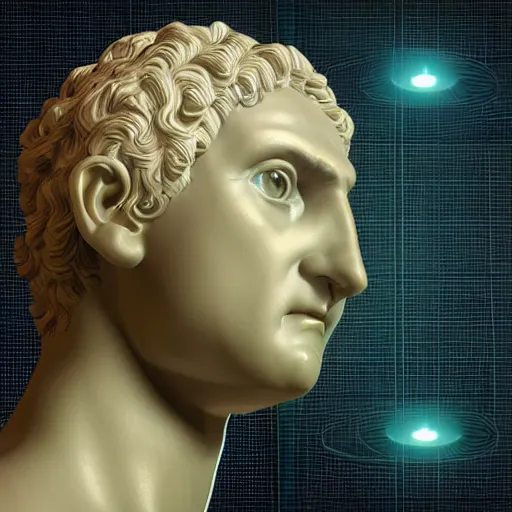 Image similar to a renaissance statue head surrounded by a 3 d rendered neon circle, black background, ray tracing, 8 k resolution, sharp focus, hyper detailed, hyper realistic