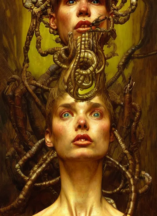 Prompt: upper body and head portrait of a gorgon in victorian living room, by lawrence alma-tadema and zdzislaw beksinski and norman rockwell and jack kirby and tom lovell and greg staples, artstation creature art