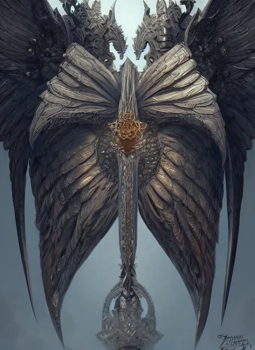 Prompt: super detailed ornate wings artifact, highly detailed, digital painting, artstation, concept art, matte, sharp focus, illustration, art by artgerm and greg rutkowski, dreadjim, zeen chin