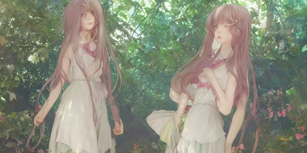 Image similar to a digital art of a loli with long hair in a dress in the privet garden at after noon, by krenz cushart and mucha and akihito yoshida and greg rutkowski and makoto shinkai, detailed eyes, 4 k resolution 、 trending on art station