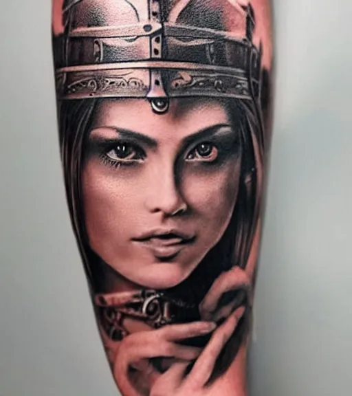 Image similar to tattoo design on white background of a beautiful girl warrior, hyper realistic, amazing detail, inspired by eliot kohek