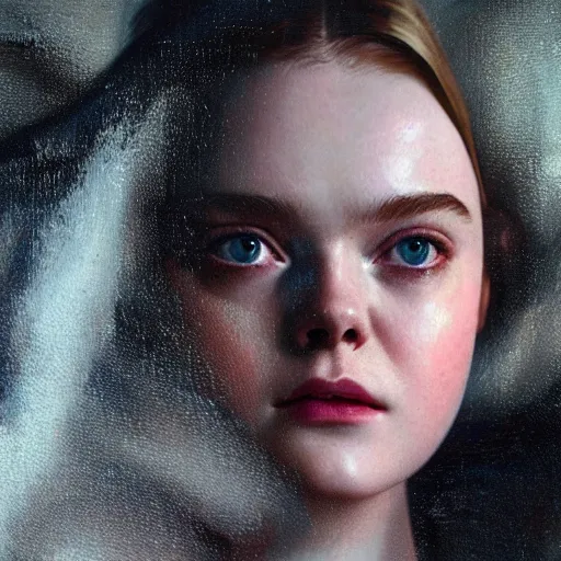 Prompt: Elle Fanning in a cave in the world of Adam Wyeth, head and shoulders portrait, stormy weather, extremely detailed masterpiece, oil on canvas, low-key neon lighting, artstation, Blade Runner 2049, Roger Deakin’s cinematography, by J. C. Leyendecker and Peter Paul Rubens and Edward Hopper and Michael Sowa,