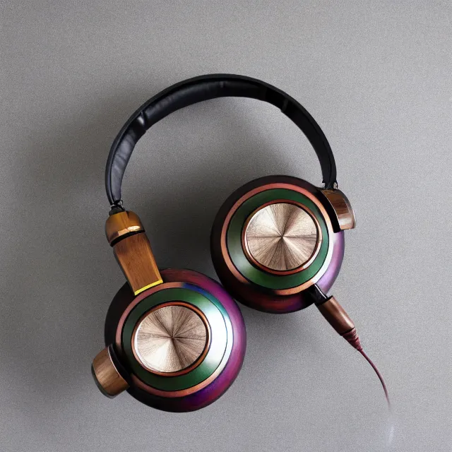 Image similar to masterpiece photo of beautiful hand crafted artistic metal headphones, bismuth rainbow metal, bismuth cups, plush leather pads, displayed on mahogany desk, modernist headphones, bismuth beautiful well designed, hyperrealistic, audiophile, intricate hyper detail, extreme high quality, photographic, audeze, sennheiser, raal, bang olufsen, abyssal