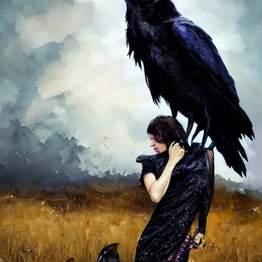 Prompt: morning, raven perching on the shoulder of a woman in a black dress. sun, cinematic, clouds, vogue cover style, contracting colors mood, realistic painting, intricate oil painting, high detail, figurative art, multiple exposure, poster art, 3 d, by simon bisley, ismail inceoglu, wadim kashin, filip hodas.