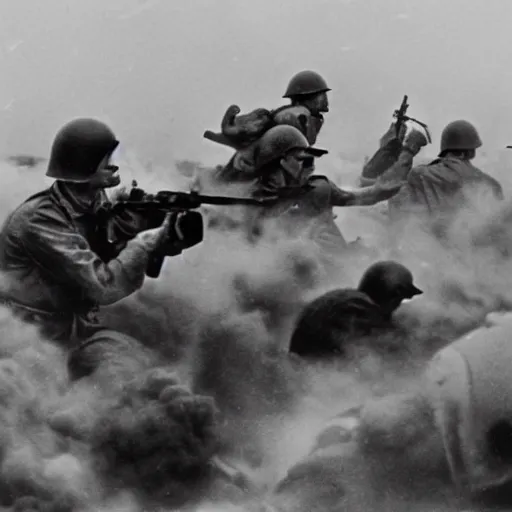 Prompt: Hank Hill storming Omaha Beach, epic, WWII, 1940s photo, cinematic, highly detailed, gritty, combat, sharp focus, closeup