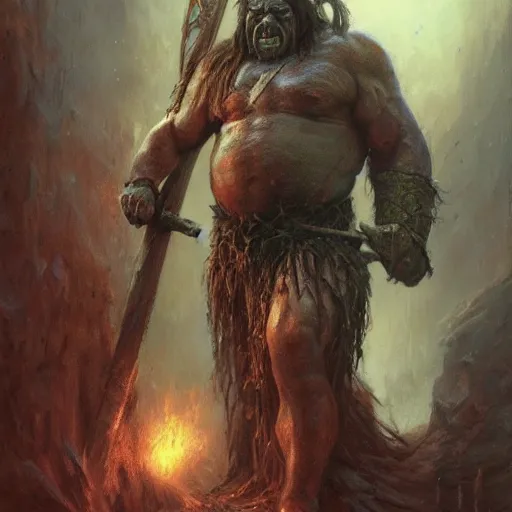 Image similar to orc warlord berserker, wielding a big hammer, stuning 3 d render, masterpiece, glowing aura, by donato giancola and greg rutkowski and wayne barlow and zdzisław beksinski, realistic face