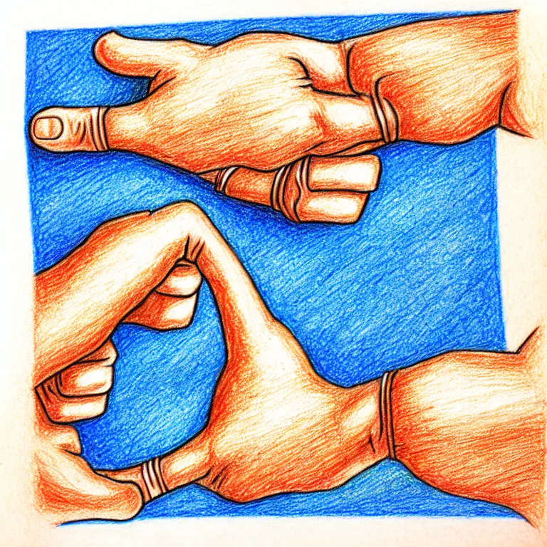 Prompt: Thumbs up; Thumbs down. Do you share your prompts around? If you take, I do not fret, but if I copy and also alter, will you regret, will our friendship falter? colored-pencil drawing as a fancy square tile