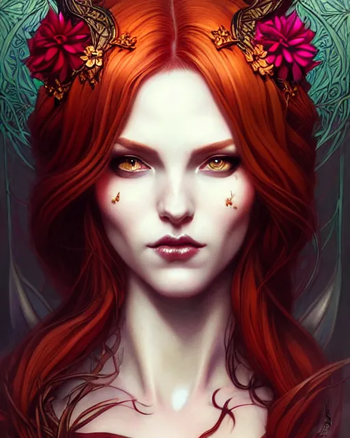 Prompt: succubus ginger portrait, art nouveau, fantasy, intricate flower designs, elegant, highly detailed, sharp focus, art by Artgerm and Greg Rutkowski and WLOP