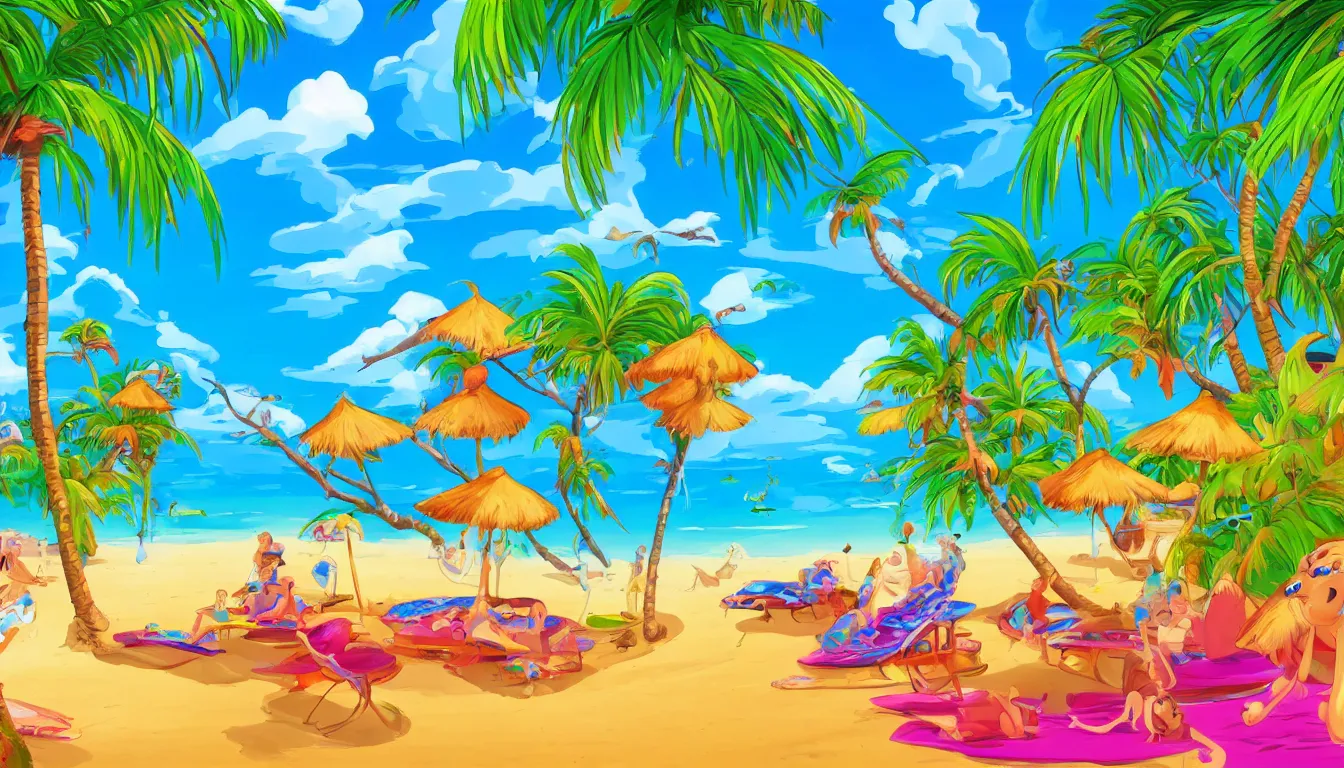 Image similar to a tropical beach scene, Disney cartoon, animation, high detail, colorful