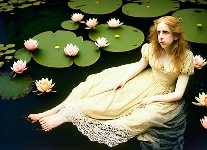 Image similar to Kodak Portra 400, 8K, soft light, volumetric lighting, highly detailed, brit marling style 3/4 ,view from above of close-up portrait photo of a beautiful woman how pre-Raphaelites painter, to float on one's back, part of the face is emerging of a pond with water lilies, she has a beautiful lace dress and hair are intricate with highly detailed realistic beautiful flowers , Realistic, Refined, Highly Detailed, natural outdoor soft pastel lighting colors scheme, outdoor fine art photography, Hyper realistic, photo realistic,warm lighting,