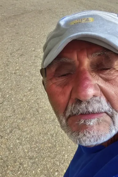 Prompt: a selfie of an old man looking down at the camera