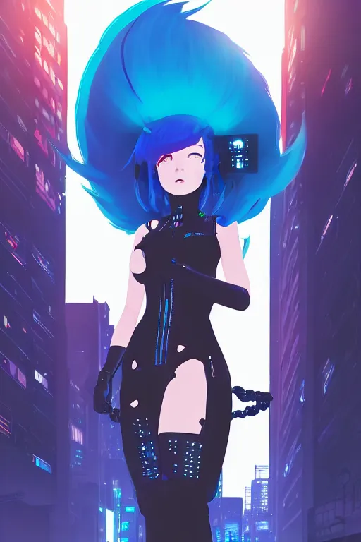 Image similar to digital illustration of cyberpunk pretty girl with blue hair, wearing a black dominatrix outfit, in city street at night, by makoto shinkai, ilya kuvshinov, lois van baarle, rossdraws, basquiat