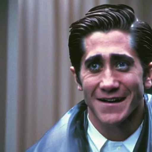 Image similar to film still of Jake Gyllenhaal as Patrick Bateman wearing clear poncho in American Psycho