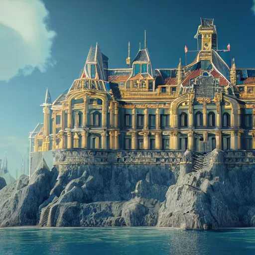 Prompt: a palace in a golden fantasy sci fi luxurious city with cerulean oceansides, scandinavian / norse influenced, cinematic, ray traced, octane render, cinematic lighting, ultrarealistic, featured on artstation, 8 k uhd artwork