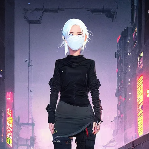 Image similar to very cool girl white hair girl with mask, streetwear, techwear, cyberpunk style outfit, full body, nose piercing, detailed portrait, intricate complexity, by greg rutkowski, james gilleard, atey ghailan, artgerm, ross tran, conrad roset, takato yomamoto, ilya kuvshinov. 4 k, beautiful, cinematic dramatic atmosphere