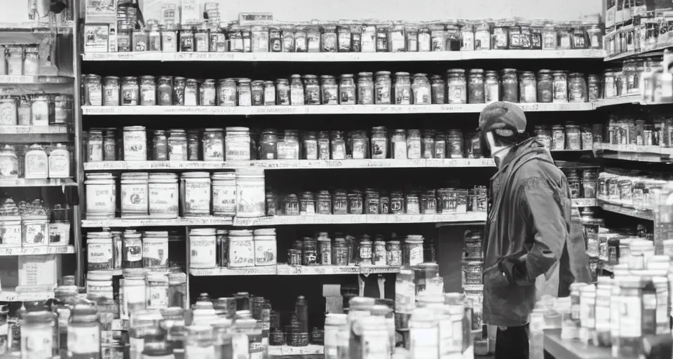 Prompt: cctv footage of a shady person secretly buying jars of honey i an ominous store, grainy footage, evidence