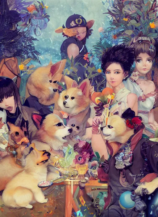 Prompt: beautiful fantasy painting scene of anime hiphop summer corgi party, by Kenne Gregoire, James Jean, Tran Nguyen, WLOP, Jakub Rebelka. trending on Artstation, 8k, masterpiece, chill summer, graffiti paint, fine detail, full of color, intricate detail, golden ratio illustration