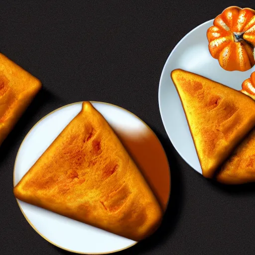 Prompt: concept art full isometric view of a plate with three delicious pumpkin turnovers with glazing in the style of pixar, octane render, blender, arstation