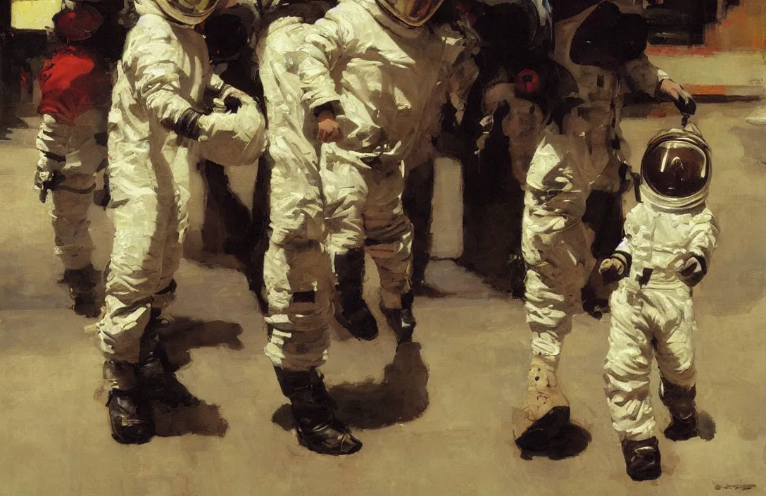 Image similar to 1 child dressed as spacemen, in an alleyway detailed painting, epic lighting, by ilya repin, phil hale and kent williams