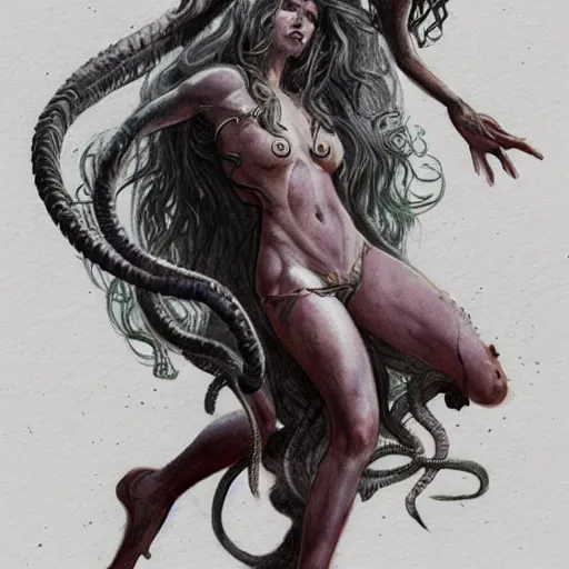 Image similar to full body sketch of a beautiful young medusa, perfect anatomy, full body, watercolor background, pencil art, ink and pencil, hyperrealistic, hyperdetailled, digital art, greg rutkowski, artstation, 8 k, beautiful drawing, paper texture, spray paint, watercolors