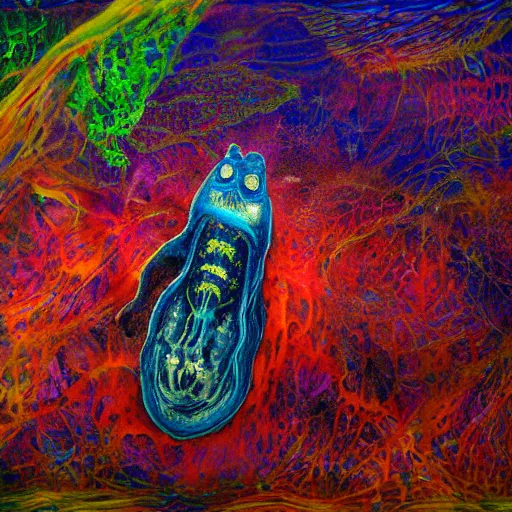 Prompt: Hyperrealistic intensely colored Studio wet collodion Photograph portrait of a deep sea psychedelic bioluminescent tardigrades deep underwater in darkness long exposure, award-winning nature deep sea expressionistic impasto heavy brushstrokes oil painting by Fabian Marcaccio and Jean Dubuffet and Audubon vivid colors hyperrealism 8k