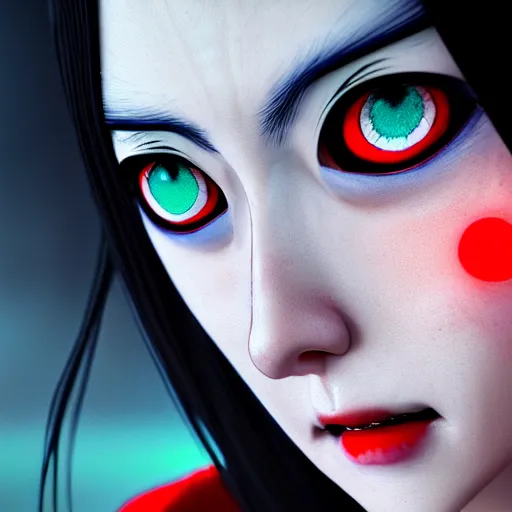 Image similar to i see you palp by junji ito, green red black blue eyes and long black hair by junji ito, painted by junji ito, rtx reflections, octane render 1 2 8 k, extreme high intricate details by wlop, digital anime art by ross tran, wide shot, composition by tom bagshaw, lighting by wlop