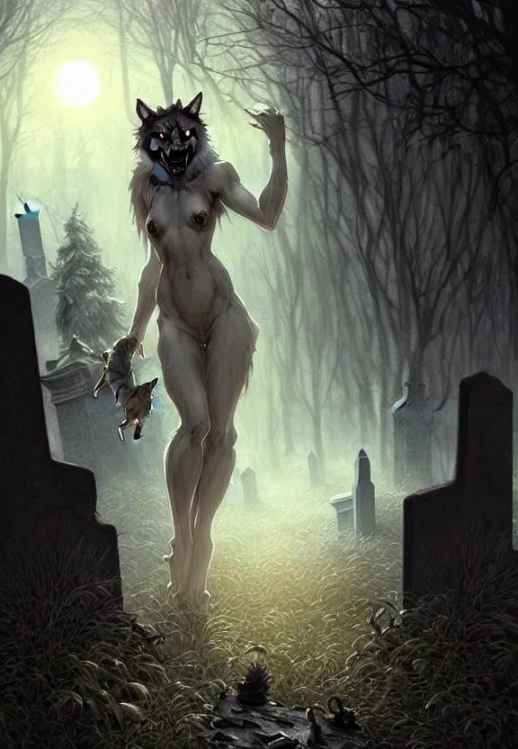 Image similar to Encounter with a feral werewolf at a spooky old cemetery, gravestones, tombstones, angel statues, fantasy magic, dark light night, intricate, elegant, sharp focus, illustration, highly detailed, digital painting, concept art, matte, art by WLOP and Artgerm and Greg Rutkowski and Alphonse Mucha, masterpiece