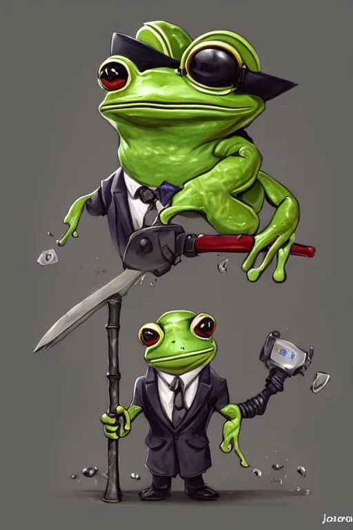 Prompt: cute anthropomorphic frog wearing a fancy suit , tuxedo and holding a chainsaw ,tiny, small, miniature frog, baby animal, short, pale blue armor, cute and adorable, pretty, beautiful, DnD character art portrait, matte fantasy painting, cgsociety Artstation, by Jason Felix by Steve Argyle by Tyler Jacobson by Peter Mohrbacher, cinematic lighting