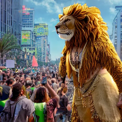 Image similar to scene of an anthropomorphic lion at a protest movement exquisite detail lion in hippie clothes, Streetwear, hippie fashion, protest movement, trending on artstation, bokeh, incredible detail, Mucha, Graeme Base, 8k detail, gi, global illumination, physically based rendering, photoreal, small details, intricate complexity