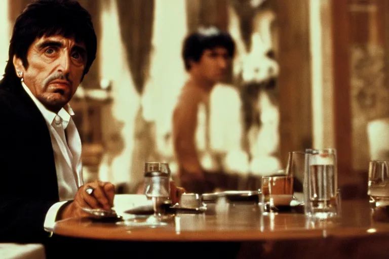 Image similar to tony montana from movie scarface 1 9 8 3 sitting at a big black oak table with big transparant packages of flour. next to the night window. al pacino. perfect symmetric face, coherent eyes,, fine details, 4 k, ron cobb, cinestill