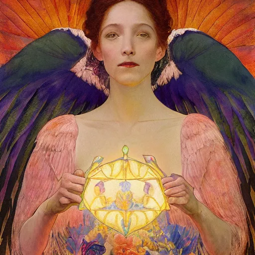 Image similar to queen of the dawn with her wings and her lantern, by Annie Swynnerton and Nicholas Roerich and Diego Rivera, flowing robes, bioluminescent skin, floral tattoos, elaborate costume, geometric ornament, symbolist, soft colors, smooth, sharp focus, extremely detailed