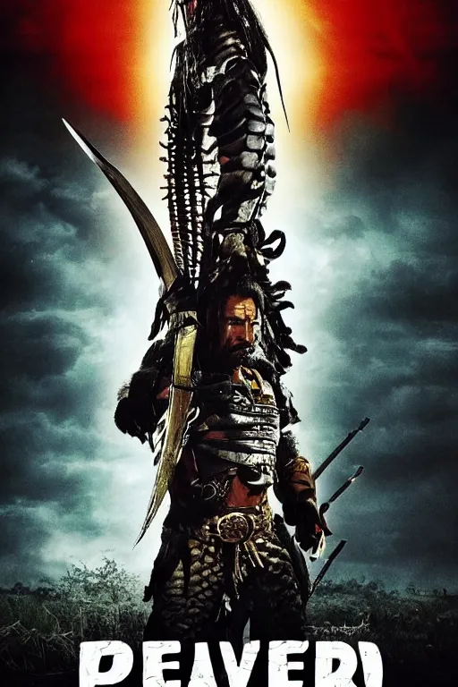 Image similar to movie poster for predator film shot in feudal japan staring hiroyuki sanada as a disgraced ronin, who hunts down the predator after he fails to protect his master from it