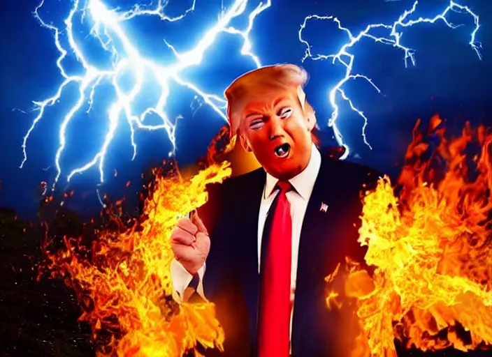 Image similar to burning donald trump casting fireballs, colorful hd picure, lightning in the background