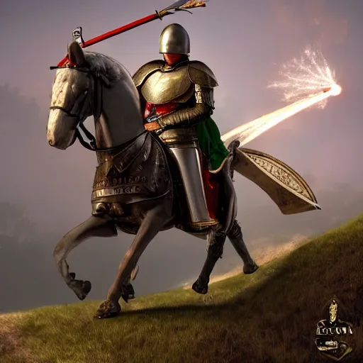 Image similar to a hero from the war of the roses riding an armored horse into battle with a lance and shield, epic, glory, high detail cinematic lighting